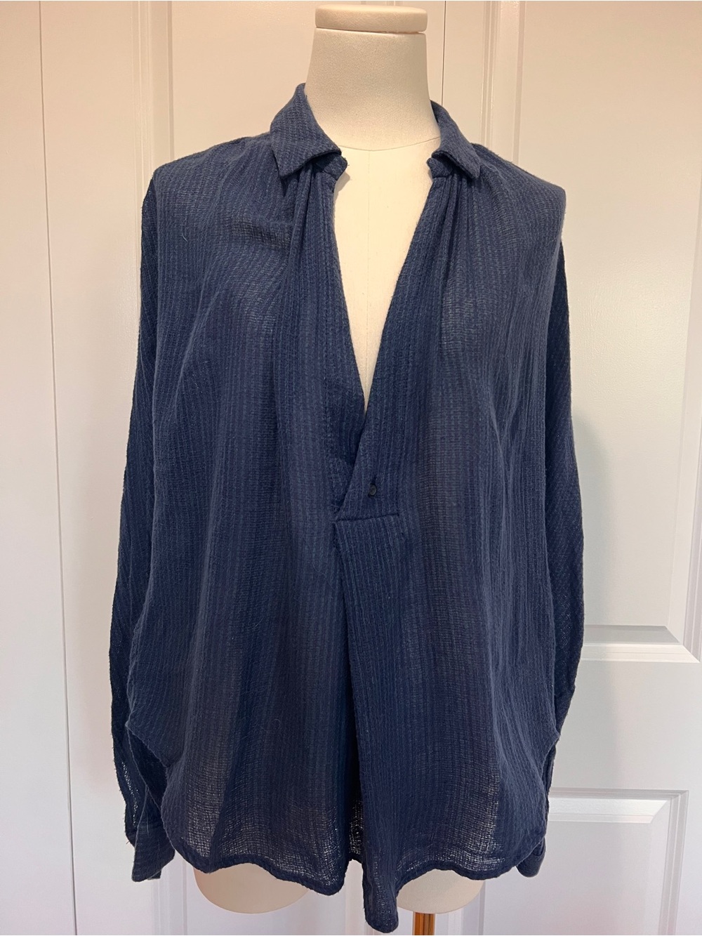 Free People Navy Gauzy V-Neck Button Detail